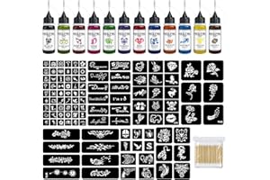 HEILFNL Temporary Tattoo Kit 12 Colors Temporary Tattoo Ink,111 Pcs Stencils Kit for Body Paint Fake Tattoos,DIY Art Painting Party for Women Man
