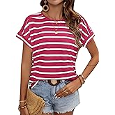 LilyCoco Womens Short Batwing Sleeve Striped Shirt Crew Neck Tops Casual Loose Fit Tee