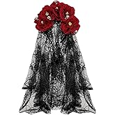 Oiziuzio Gothic Halloween Rose Flower Headwear Day of The Dead Rose Lace Veil Headpiece Floral Skull Decor Headdress Cosplay Role-playing Costume Accessories for Adult Women Red