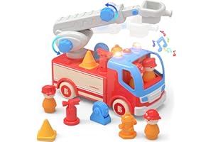 BELLOCHIDDO Fire Truck Toy - Toddler Wooden Fire Truck with Removable Accessories, Lights & Sound Effects, Kids Wooden Toy Cars, Shape Sorter Toys, Montessori Toys, Birthday Gifts for Boys & Girls