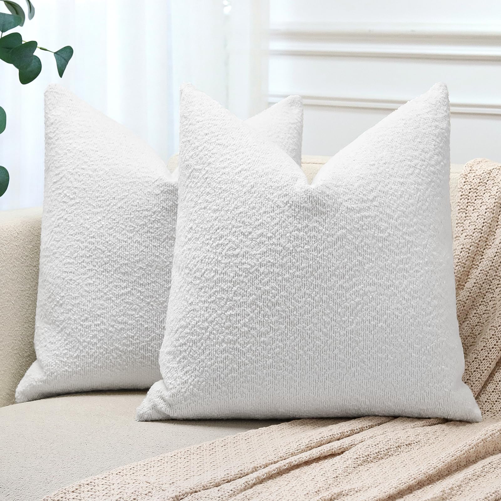 JOTOM Set of 2 Cushion Covers 50x50 cm Textured Boucle Ivory White Decorative Throw Pillow Covers 20x20 Inch Square Cushion Case Home Decor Pillowcases for Couch Sofa Living Room Bed (Ivory White)