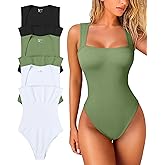 LAPRBY Women's 3 Piece Bodysuits Sexy Ribbed Strappy Square Neck Sleeveless Tummy Control Tank Tops Bodysuits