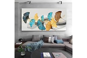 Modern Leaf Large Abstract Wall Art - Blue and Yellow Canvas Picture Artwork Wall Art for Living Room Office Bedroom Bathroom