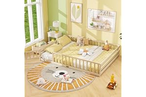 Giantex Queen Floor Bed with Door & Fence, Kids Wood Montessori Beds with Safety Guardrails, Floor Bed Twin for Kids, Boys, Girls, No Box Spring Needed, Natural