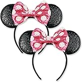 LIHELEI Minnie Ears Mouse Ears Headband with Sequin Bows, Headbands for Kids Halloween Costume, Headwear Hair Accessories for Women Girls - 2 Pack Hot Pink