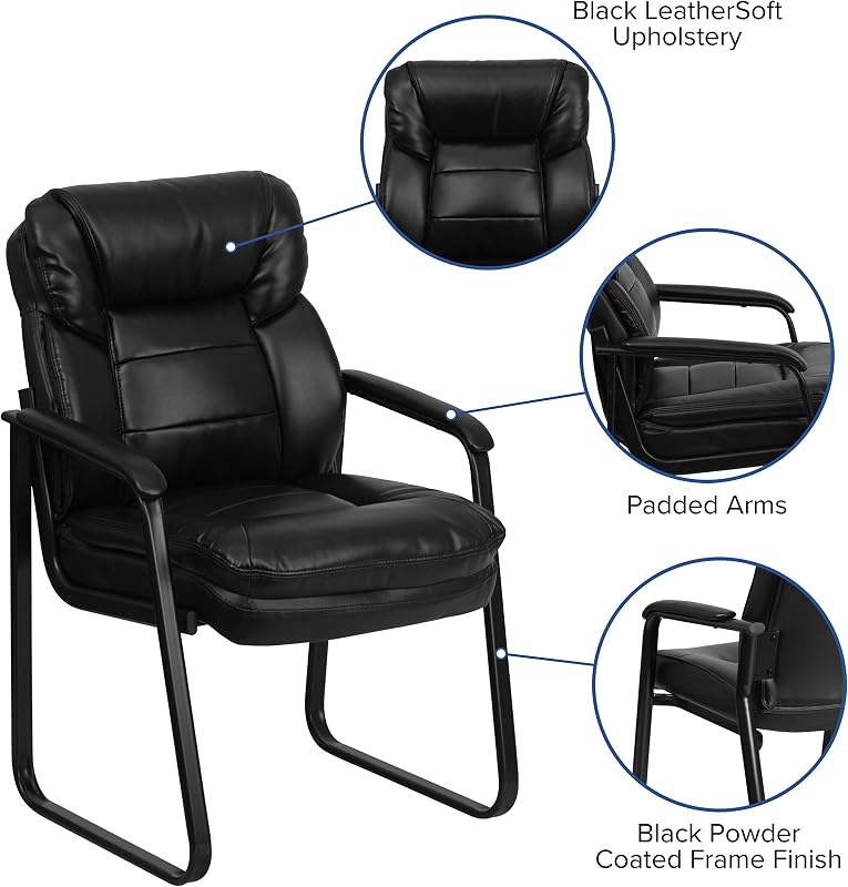 GO-1156-BK-LEA-GG Side Chair exécutif en Cuir Noir avec Sled Base de