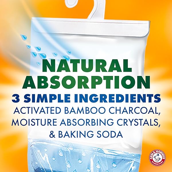 ARM & HAMMER ESSENTIALS HANGING MOISTURE ABSORBER AND ODOR ELIMINATOR, 17.5 OZ., 3 PACK, FRAGRANCE FREE, MOISTURE ABSORBERS FOR CLOSETS, LAUNDRY ROOMS AND BEDROOMS, LONG-LASTING FRESHNESS