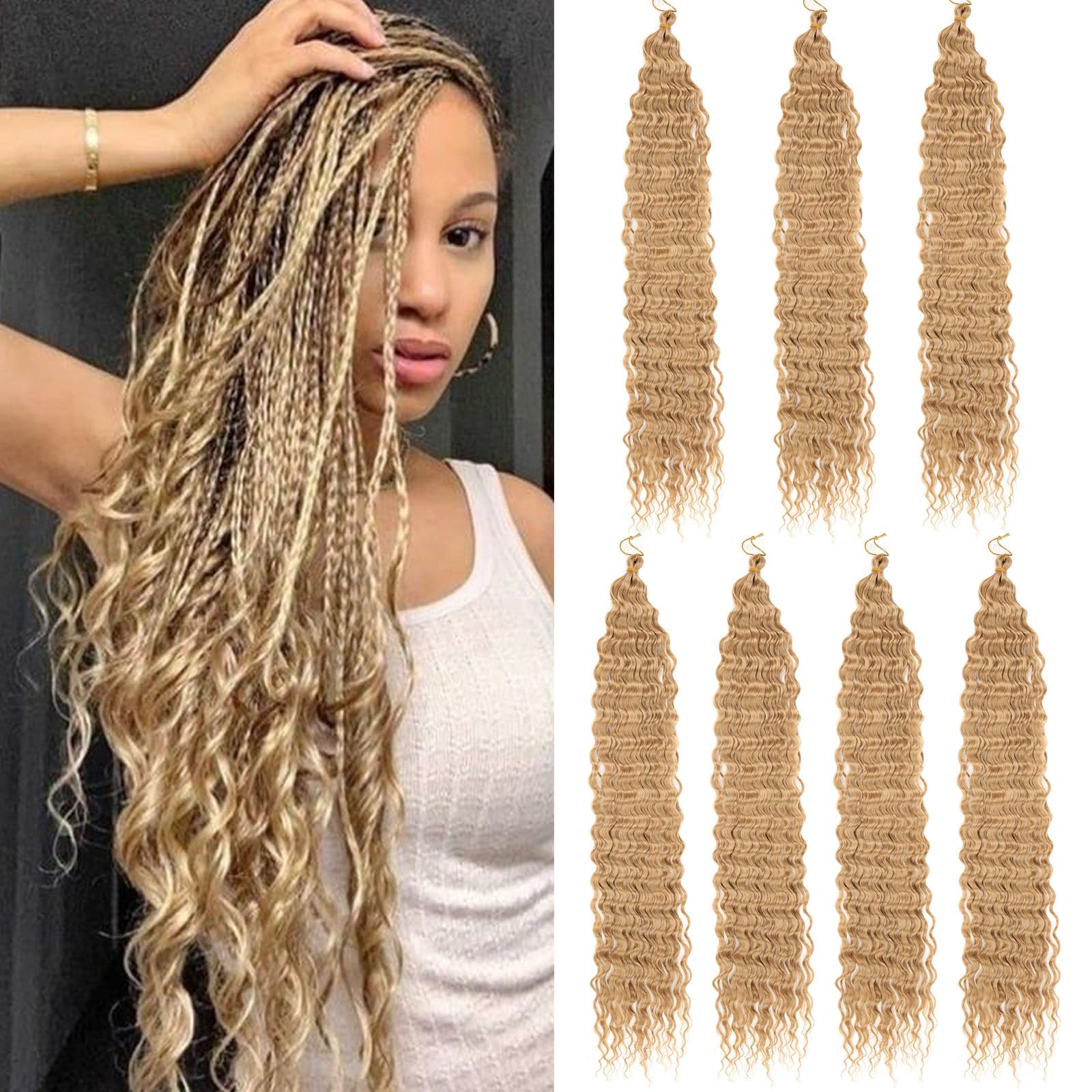Samtress Curly Wave Crochet Hair Honey Blond Ocean Wave Crochet Hair 24 Inch Ocean Twist Braiding Hair Synthetic 7 Packs Deep Wave Curly Braiding Hair Extensions For Black Women (#27)