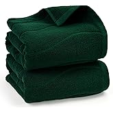 Cotton Bath Towels Set of 2 in Forest Green (Wavy Striped Jacquard) 27.5” x 55”, Quick Dry Towel for Bathroom Pool Gym Swim