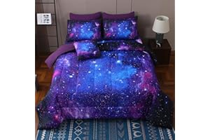 JQinHome Twin Galaxy Purple Comforter Sets Blanket,6 Piece Bed in A Bag 3D Outer Space Themed Bedding, All-Season Reversible Quilted Duvet, for Children Boy Girl Teen Kids(Blue Purple)
