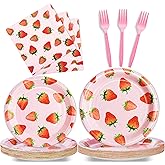 96 Pcs Strawberry Birthday Party Plates Napkins Forks Supplies Summer Fruit Tableware Set Disposable Strawberry Theme Decoration for Girls, Serves 24 Guests