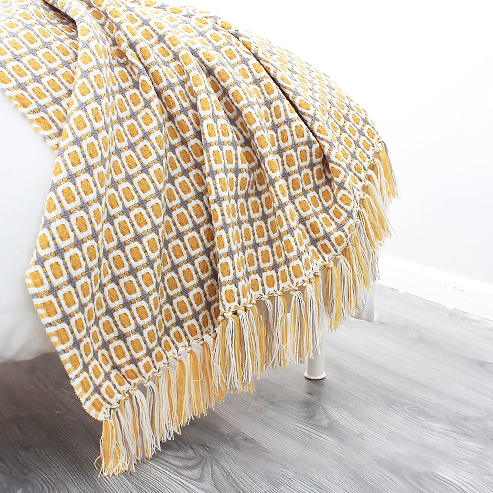 LumiSyne Knitted Throw Blanket Tassels Houndstooth Bohemian Check Soft Cozy Woven Blanket Sofa Throws Warm Armchair Cover Decorative Blanket For Couch Bed Settee 170x130cm