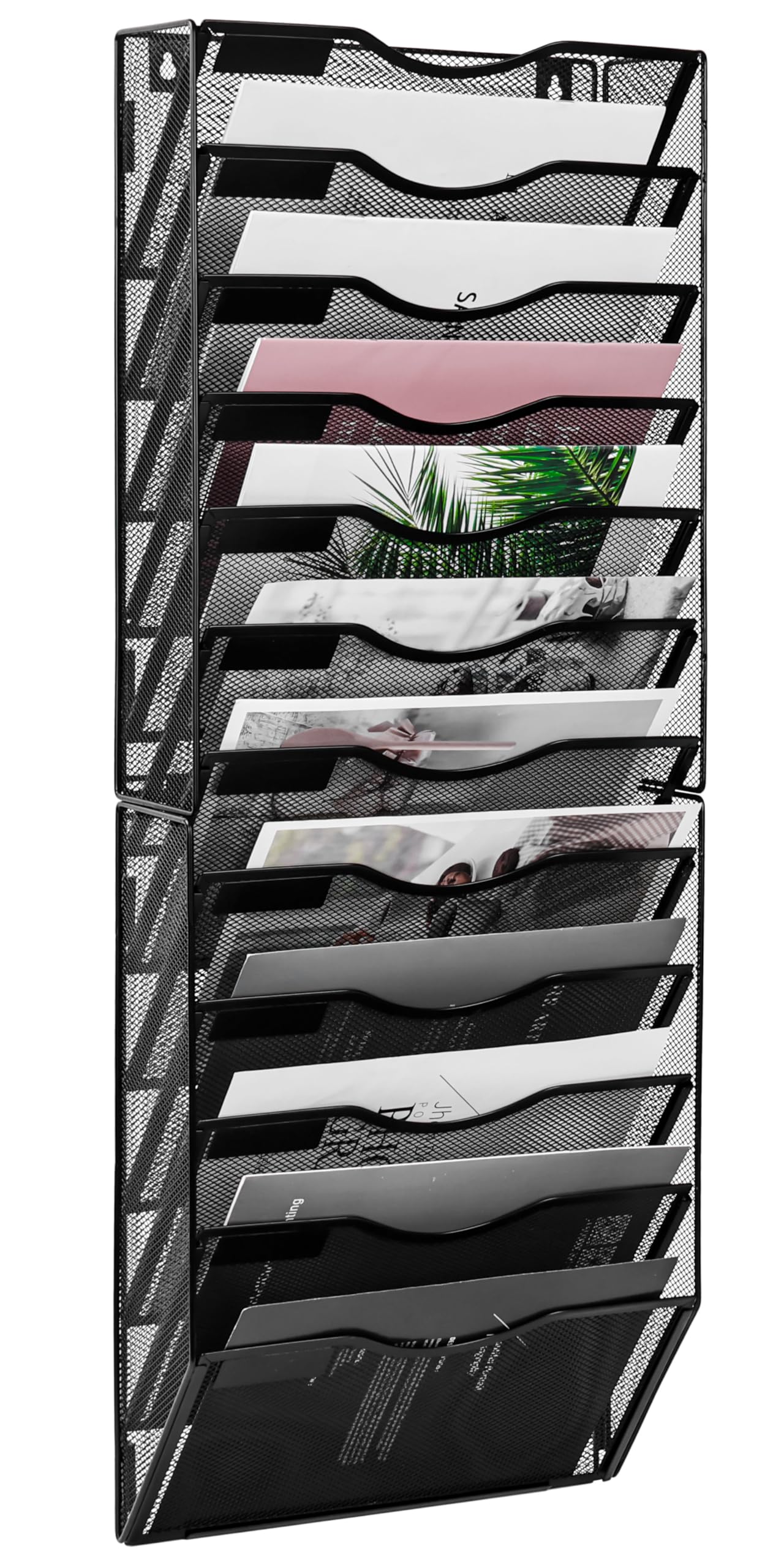 TQVAI 12 Pockets Wall File Holder, Mesh A4 Wall Mounted Document Holder, Hanging Wall Magazine Storage Rack, Desk Stationary Tidy Organiser in Tray for Office School Accessories, Black