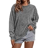 BINTEHGS Crewneck Oversized Long Sleeve Shirts for Women Loose Fit Vintage Acid Wash Tshirt Basic Solid Color Tee Sweatshirt