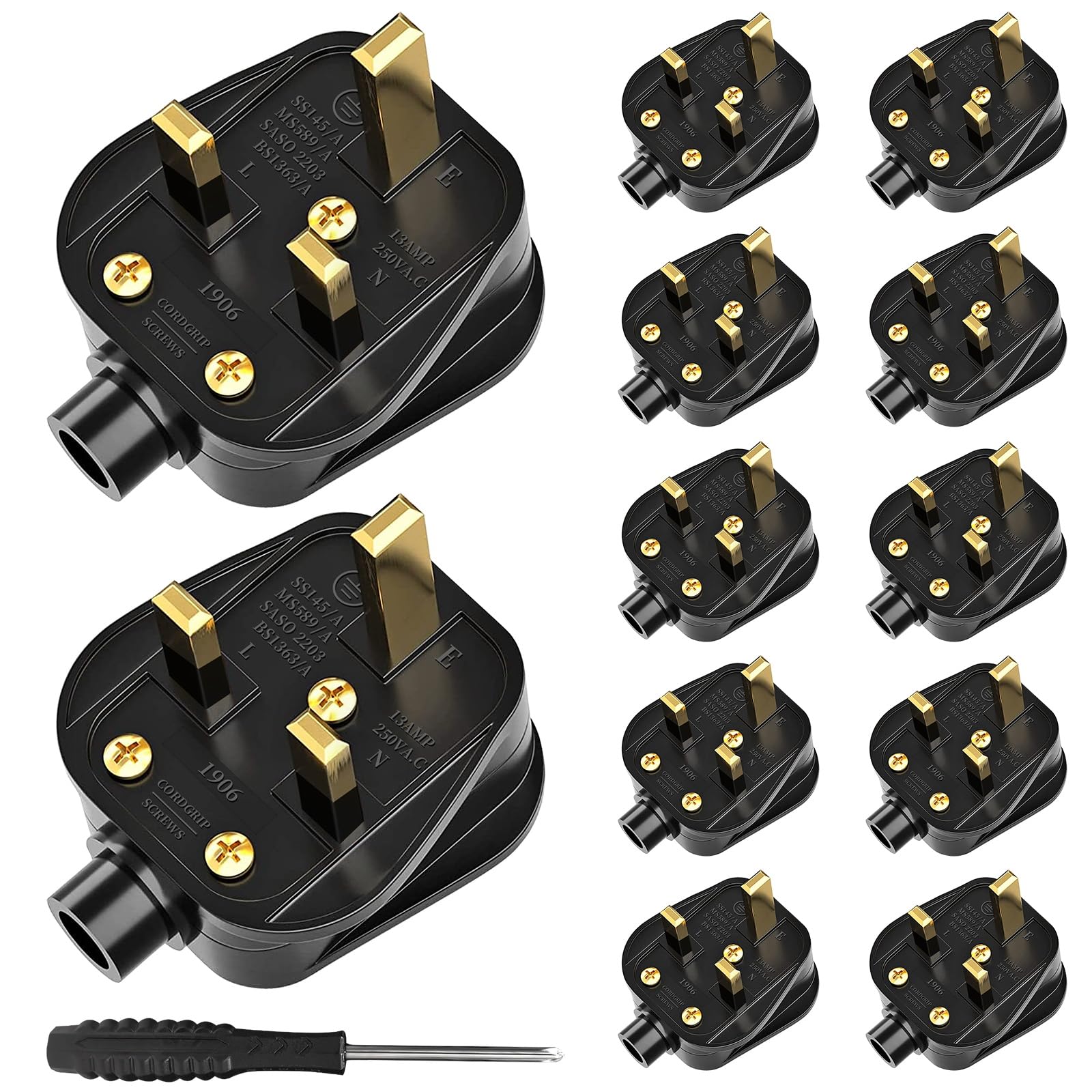 UK Plugs with 13 AMP Fused, 3 pin Mains Plug with Cord Grip Rewireable Heavy Duty Electrical Plug, Rubber Composite Plug, 12 Pack - Black