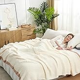 Snuggle Sac Soft King Size Blanket, Cozy Soft Fuzzy Microfiber Knit Stripe Bedding Blankets Bedspread, Cream, 108x90 inches