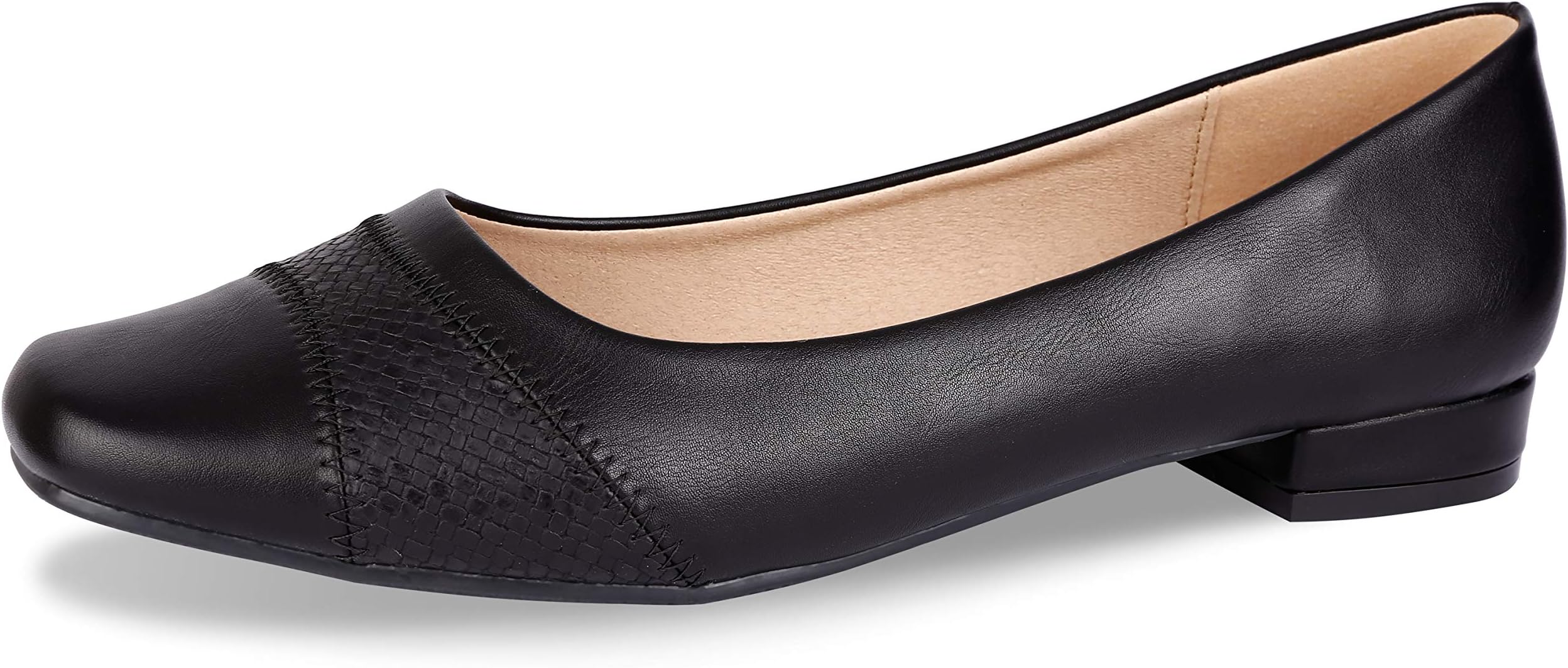 Comfort Flats for Women-Low Chunky Heel Pumps Wide Width Formal Square Toe Dress Slip On Casual Spliced Shoes