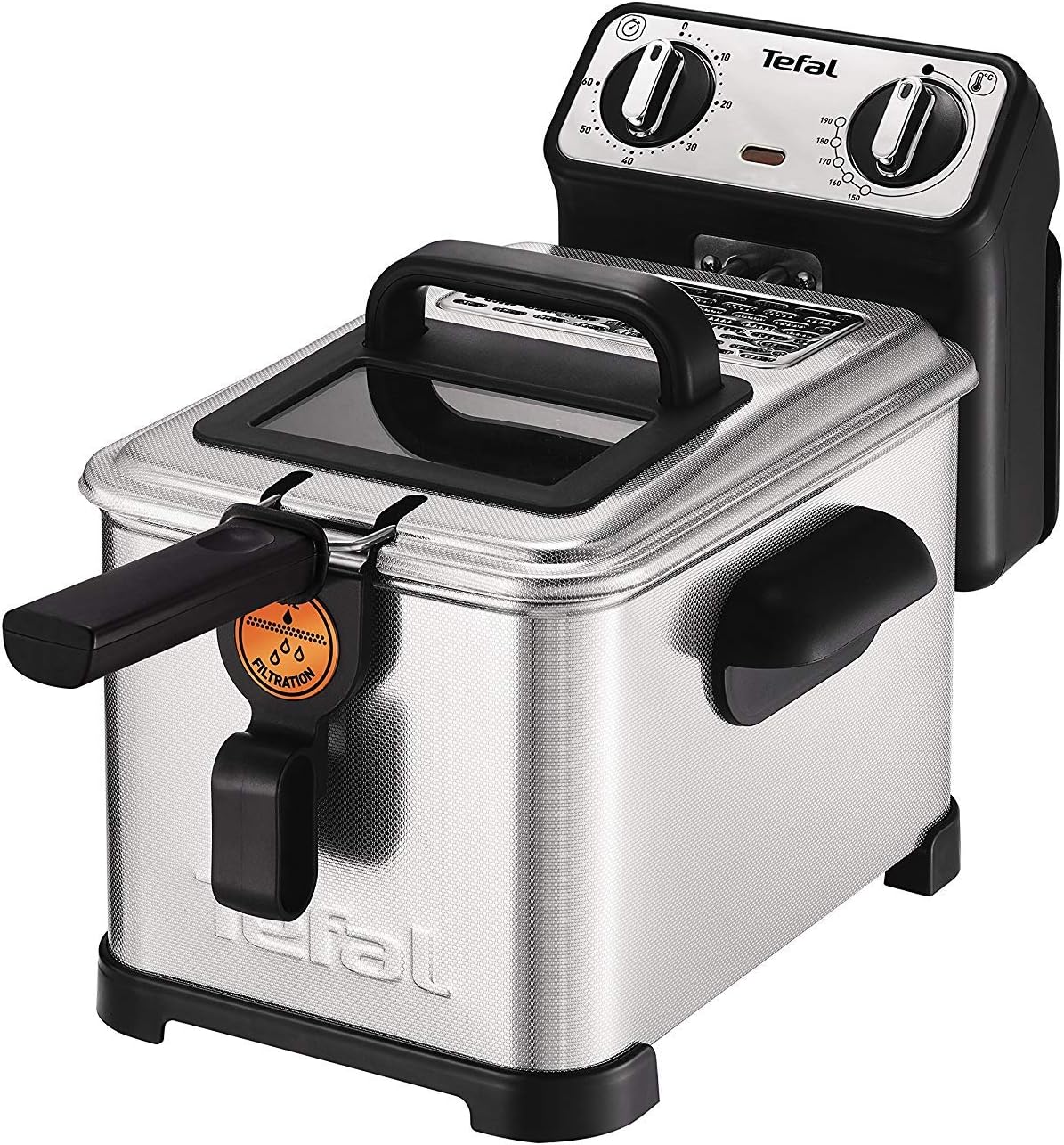 Tefal FR5101 Filtra Pro Inox & Design 3,0L Premium Fritteuse (2300 Watt, Semiprofessionelle Fritteuse mit Öl, Clean-Oil-System, wärmeisoliert, Thermostat, Timer, knusprige Pommes) edelstahl/schwarz