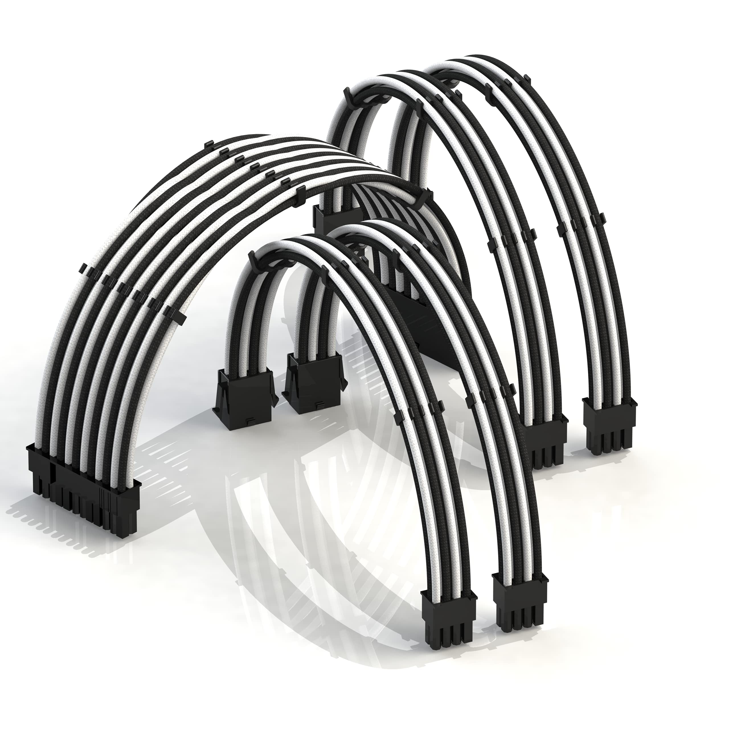 LINKUP - AVA 30cm PSU Cable Extension Sleeved Custom Mod GPU PC Braided w/Comb Kit | 1 x 24 P (20+4) | 2 x 8 P (4+4) CPU | 2 x 8 P (6+2) GPU set | 300mm - WhiteBlack