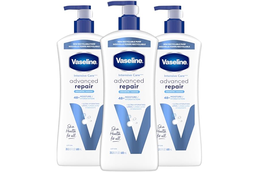 Vaseline Intensive Care Unscented Advanced Repair Body Lotion – Ultra-Hydrating with Lipids for Extremely Dry Skin, 20.3 oz, Pack of 3