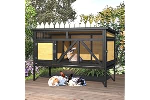 TIMHAKA 46.7" Elevated Rabbit Cage - Indoor & Outdoor Rabbit Hutch, Bunny Cage for Guinea Pig, Wooden Design with Removable Tray, Waterproof Asphalt Roof & Bottom Wire Mesh for Small-Medium Animals