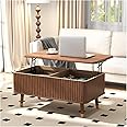 JOINICE, Lift Top Coffee Table with Storage Shelf & Hidden Compartment, Mid Century Modern Fluted Rectangle Dining Table for Living Room, Home Small Space, Walnut
