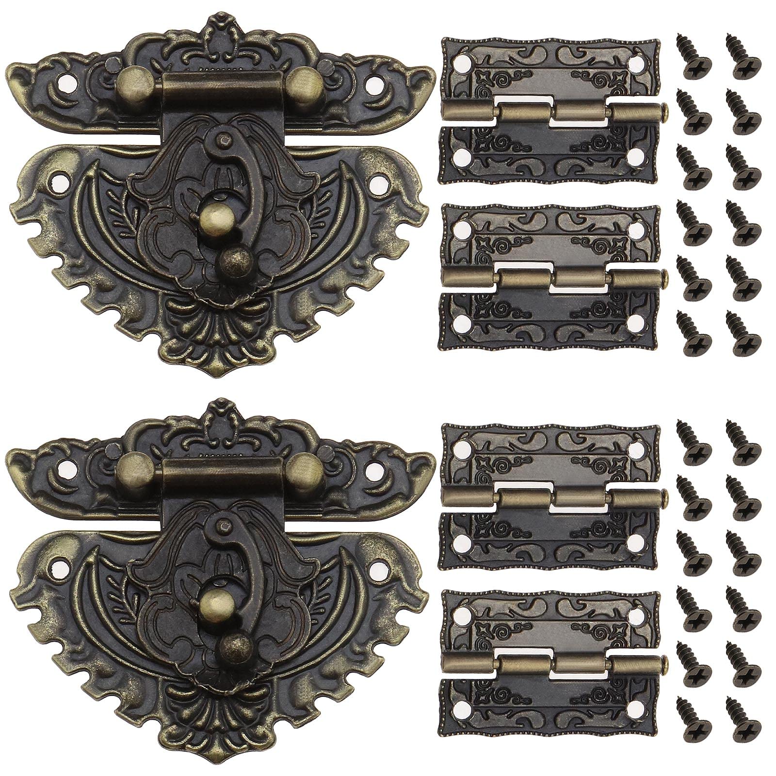 Be In Your Mind 2 Sets Vintage Latch Hasp Clasp Lock Antique Embossing Hasp Latch Lock with Hinges Screws Decorative Accessories for Furniture Cabinet Wooden Box Case