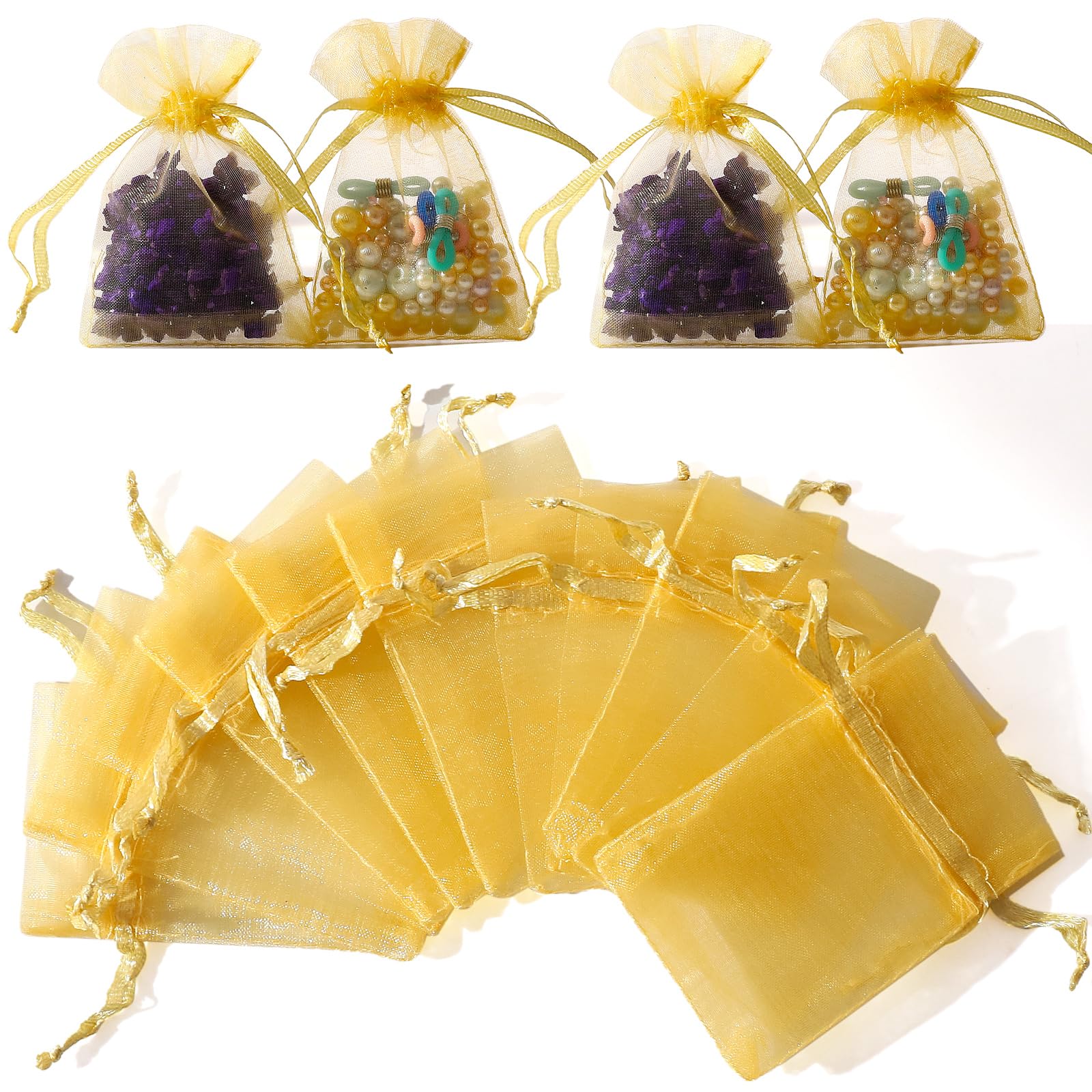 Photo 1 of WenTao 100pcs Little Gold Organza Bags, 2x3inch Mesh Jewelry Pouches Drawstring Empty Sachets for Bracelets Candy Small Gift