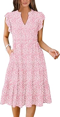 ANRABESS Womens Summer Ruffle Sleeve V Neck Midi Dress 2024 Fashion Casual Fit Flowy Tiered Boho Beach Vacation Sundress