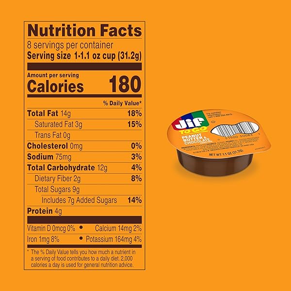 JIF TO GO PEANUT BUTTER & CHOCOLATE FLAVORED SPREAD, 8 SINGLE-SERVE CUPS, 1.1 OZ. EACH