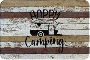 QSMX Camping Door Mat,16x24in Happy Camping Non-Slip Doormat,Indoor Outdoor Welcome Mat,Vintage Brown Wooden Entrance Rug for Front Door Kitchen Floor Bath Tub Bedroom,RV Travel Accessories and Decor