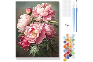 MEIYUDA Flowers Framed Paint by Numbers Adult Kit, DIY Vintage Peony Paint by Numbers with Frame, DIY Oil Painting by Number 