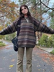Women Y2K Argyle Striped Pullover Sweater Casual