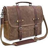 Mens Messenger Bag 15.6 Inch Waterproof Vintage Genuine Leather Waxed Canvas Briefcase Large Satchel Shoulder Bag Rugged Leat