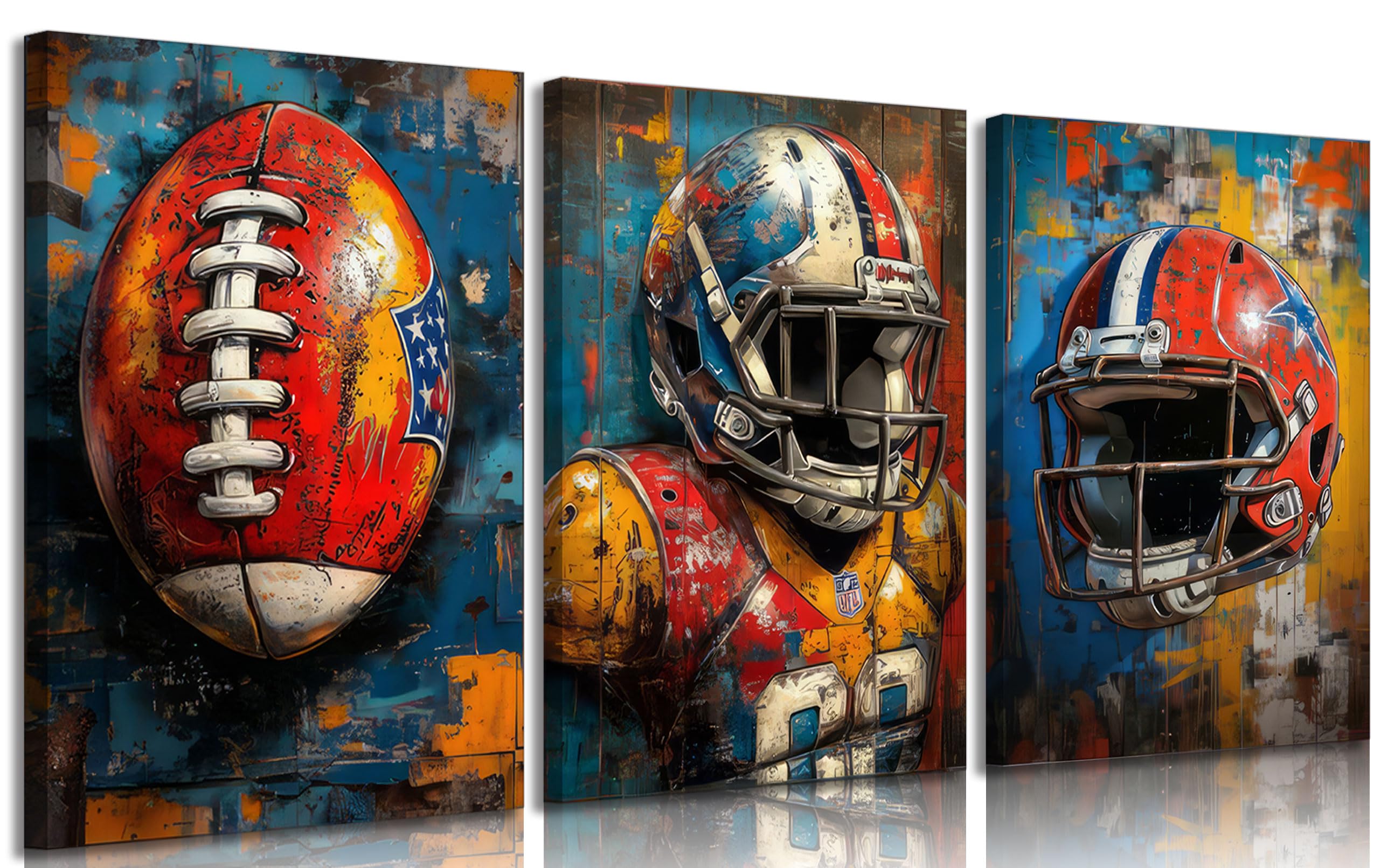 Photo 1 of 3pcs American Football Canvas Wall Art Cool Graffiti Rugby Wall Decor Pictures Teen Sports Enthusiasts Posters Prints Paintings for Boys Room Teen Kids Playroom Room Decoration Prepare To Hang