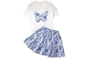 SHENHE Girl's Floral Ruffle Skirt Outfits Embroider Butterfly Short Sleeve T Shirt Top and Skirt Set