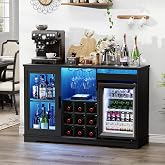 BROTTAR Large Coffee Bar Cabinet with Fridge (Fridge Included) | Liquor Wine Bar Cabinet with LED Lights, Glass Holder, Wine Rack, Human Body Sensor, Buffet Sideboard for Home, Black