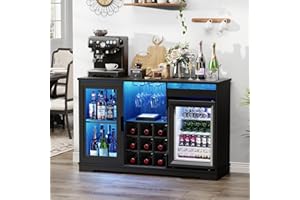 BROTTAR Wine Bar Cabinet with Fridge (Included), Liquor Coffee Cabinet with LED Lights & Rack, Mini Fridge Cabinet with Storage, Human Body Sensor, Sideboard Buffet for Kitchen Dining Room, Black