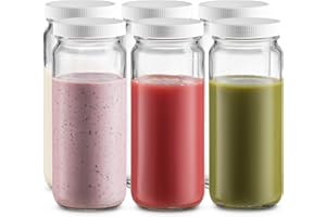 Paksh Novelty Travel Glass Drinking Bottle Mason Jar 16 Ounce [6-Pack] Plastic Airtight Lids, Reusable Glass Water Bottle for Juicing, Smoothies, Kombucha, Tea, Milk Bottles, Homemade Beverages Bottle