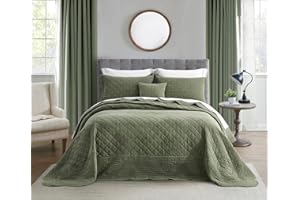 HZ & HY Oversized King Bedspread 128x120 Extra Wide - Shabby Chic Rustic Look, Ultra Soft & Lightweight, Reversible, Cotton/Polyester, 5 Piece, King/Cal King, Loden Green