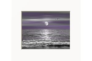 LITTLEPIECREATIONS Black White Purple Beach, Ocean, Moon Modern Bedroom Bathroom Decor Matted Wall Art Picture (11x14 with 16x20 mat, Purple Gray Beach Ocean)