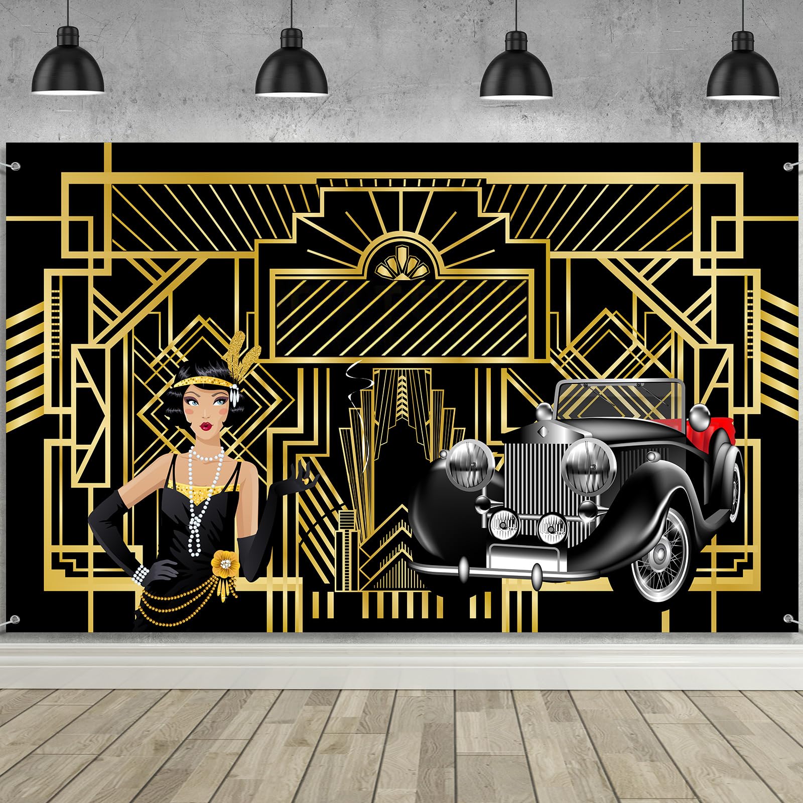 1920s Backdrop Black and Gold Photography Backdrop Roaring 20s Birthday Party Background Photo Booth Prop for Wedding Art Vintage Dance, 6.1 x 3.6 Feet