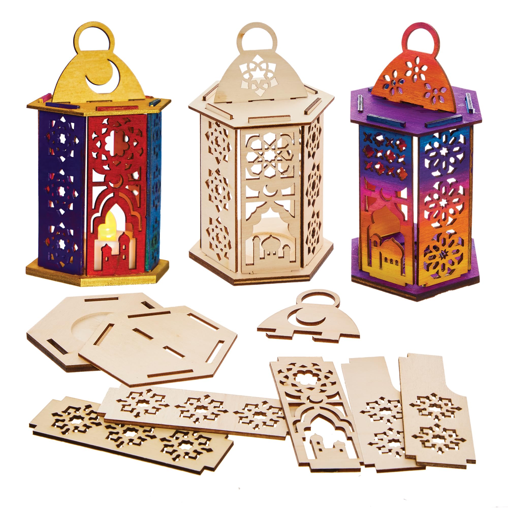 Baker Ross FX935 Ramadan Wooden Lantern Kits - Pack of 3, Religious Education Arts and Crafts Kits for Kids