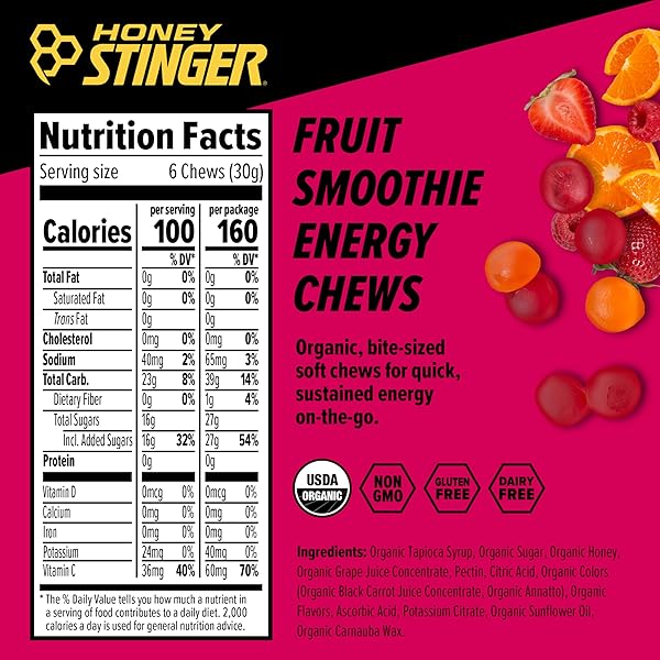 HONEY STINGER ORGANIC FRUIT SMOOTHIE ENERGY CHEW, GLUTEN FREE & CAFFEINE FREE, FOR EXERCISE, RUNNING AND PERFORMANCE, SPORTS NUTRITION FOR HOME & GYM, PRE AND MID WORKOUT, 21.6 OUNCES (PACK OF 12)