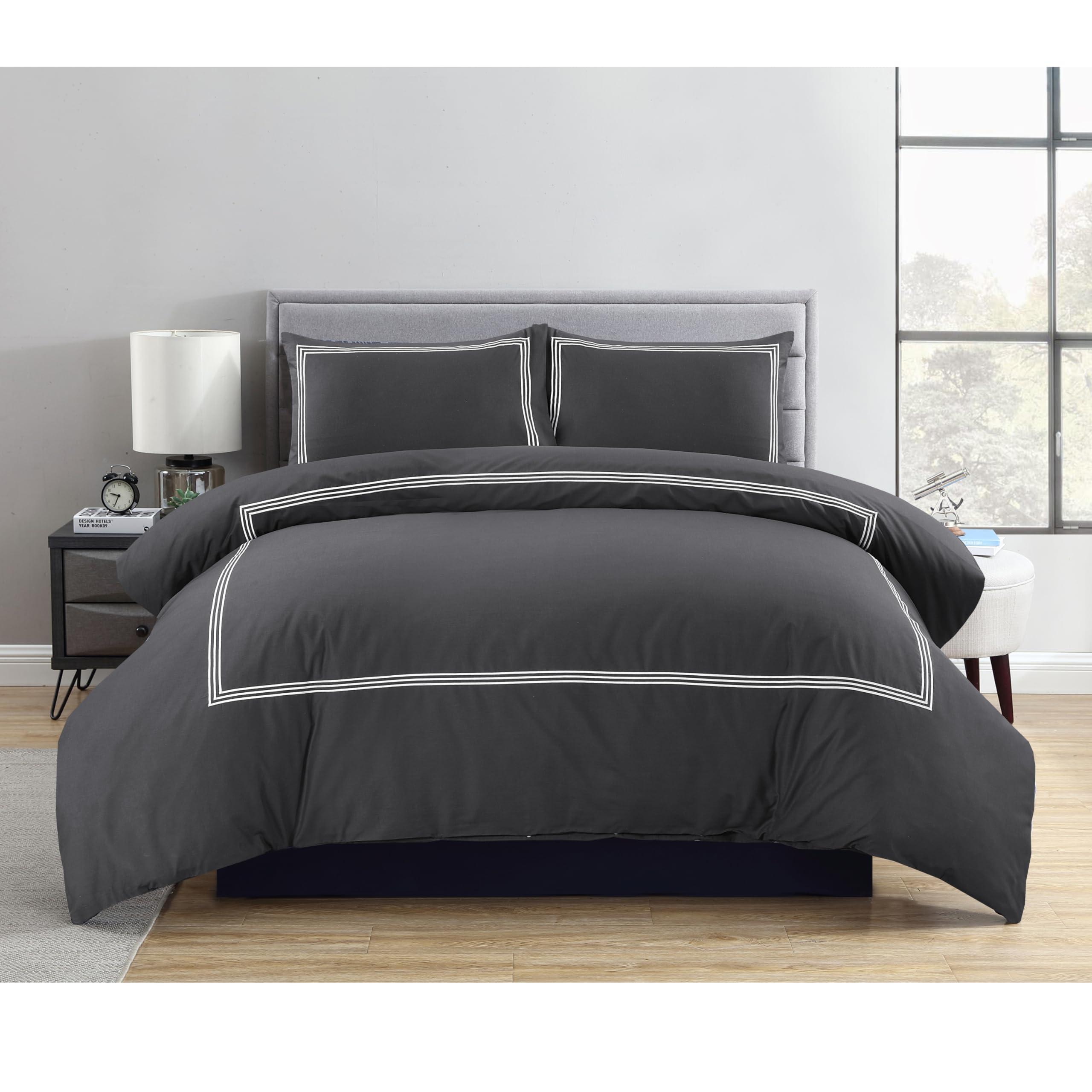 Home In Style 4U Microfiber Barata Duvet Cover Embroidery Quilt Cover Bedding Set with Pillow cases (Chracoal/White, Double)