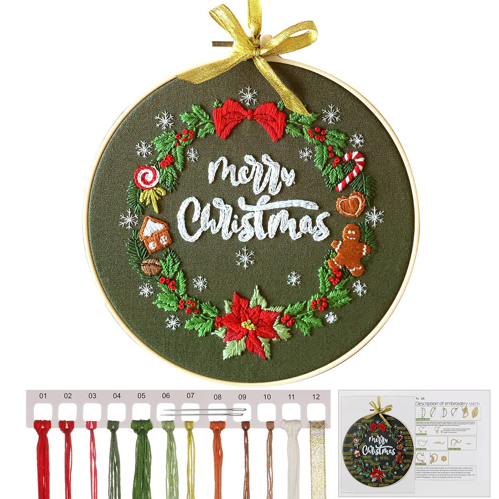 MWOOT Green Christmas Embroidery Starter Kit, DIY Hand Embroidered Cross Stitch Material Kit with Embroidery Hoop, Christmas Embroidery Decoration Holiday Gifts