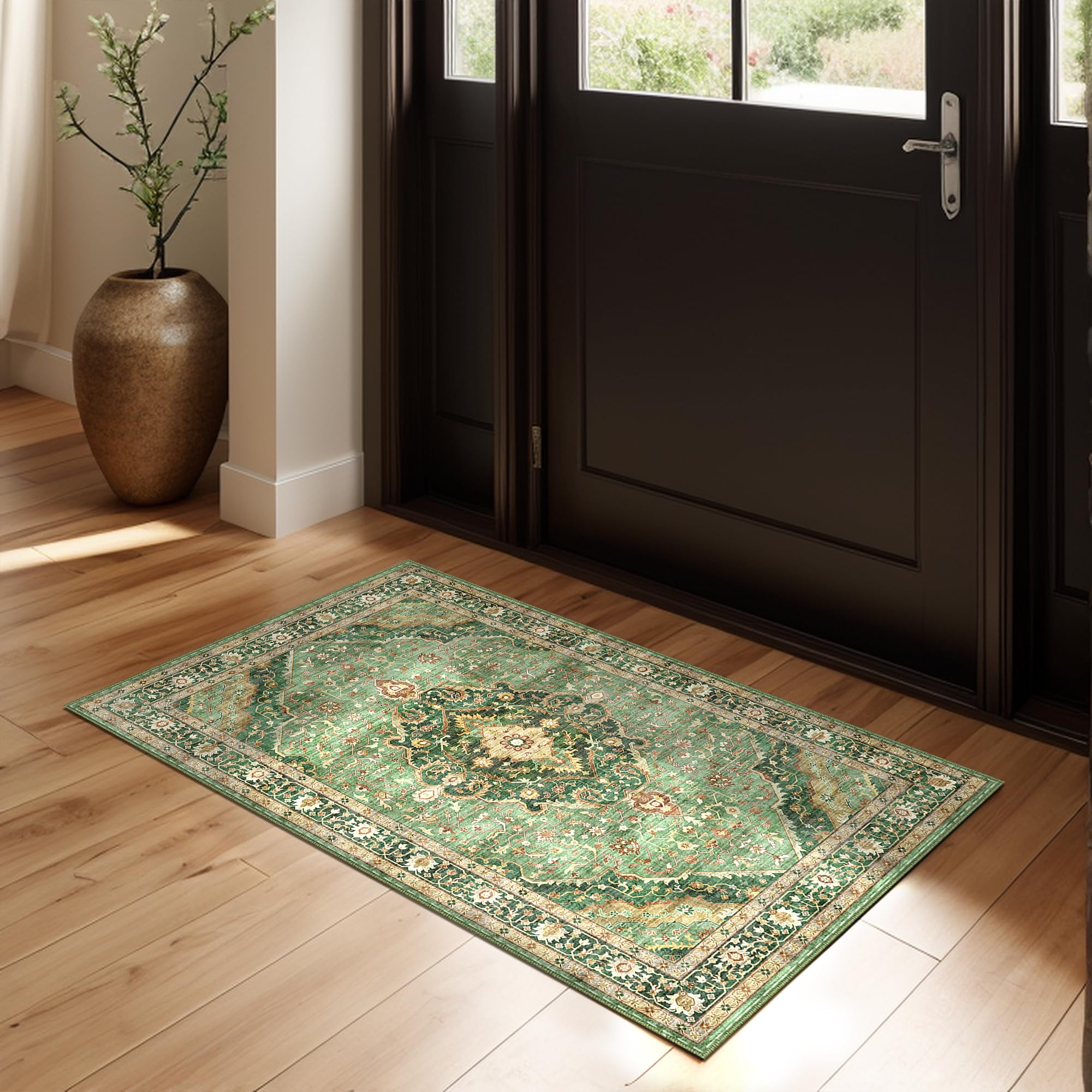 Photo 1 of Green Area Rug Entryway Rugs for Bedroom Bathroom Kitchen - 2x3 Small Soft Rugs Low Pile Keep Off Rug Carpet Washable Rug Oriental Indoor Boho Area Rug Cute 2x3ft