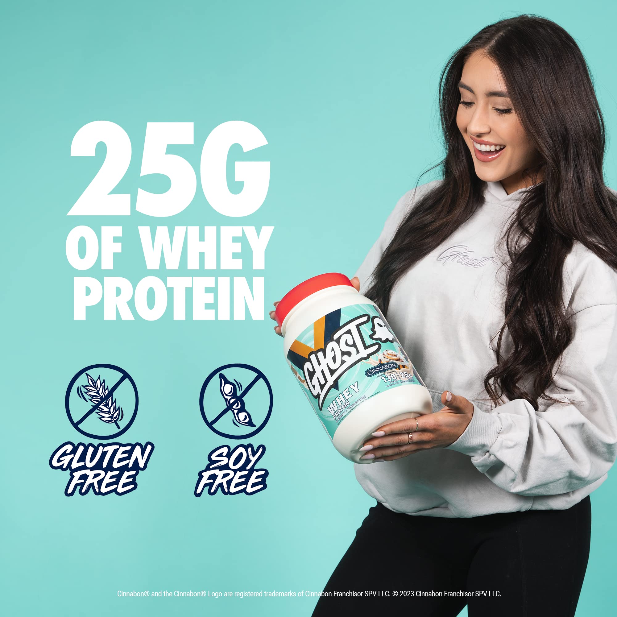 GHOST Whey Protein Powder, Cinnabon - 2LB, 25G of Protein - Cinnamon Roll Flavored Isolate, Concentrate & Hydrolyzed Whey Protein Blend - Post Workout Shakes - Soy & Gluten Free