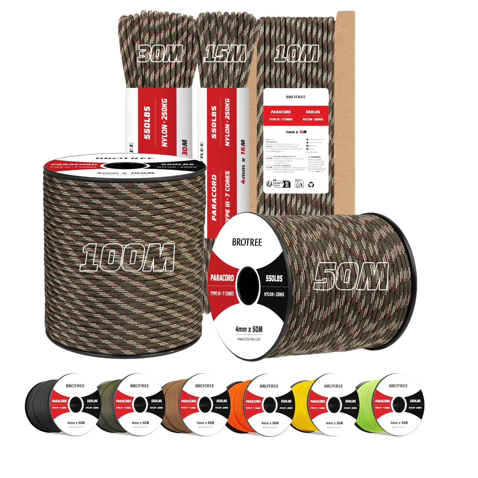 Brotree 4mm Paracord 550 100M 100% Nylon Rope 7 Strands Type III Parachute Cord for Outdoor and DIY - 250kg Breaking Load (Forest Camo)