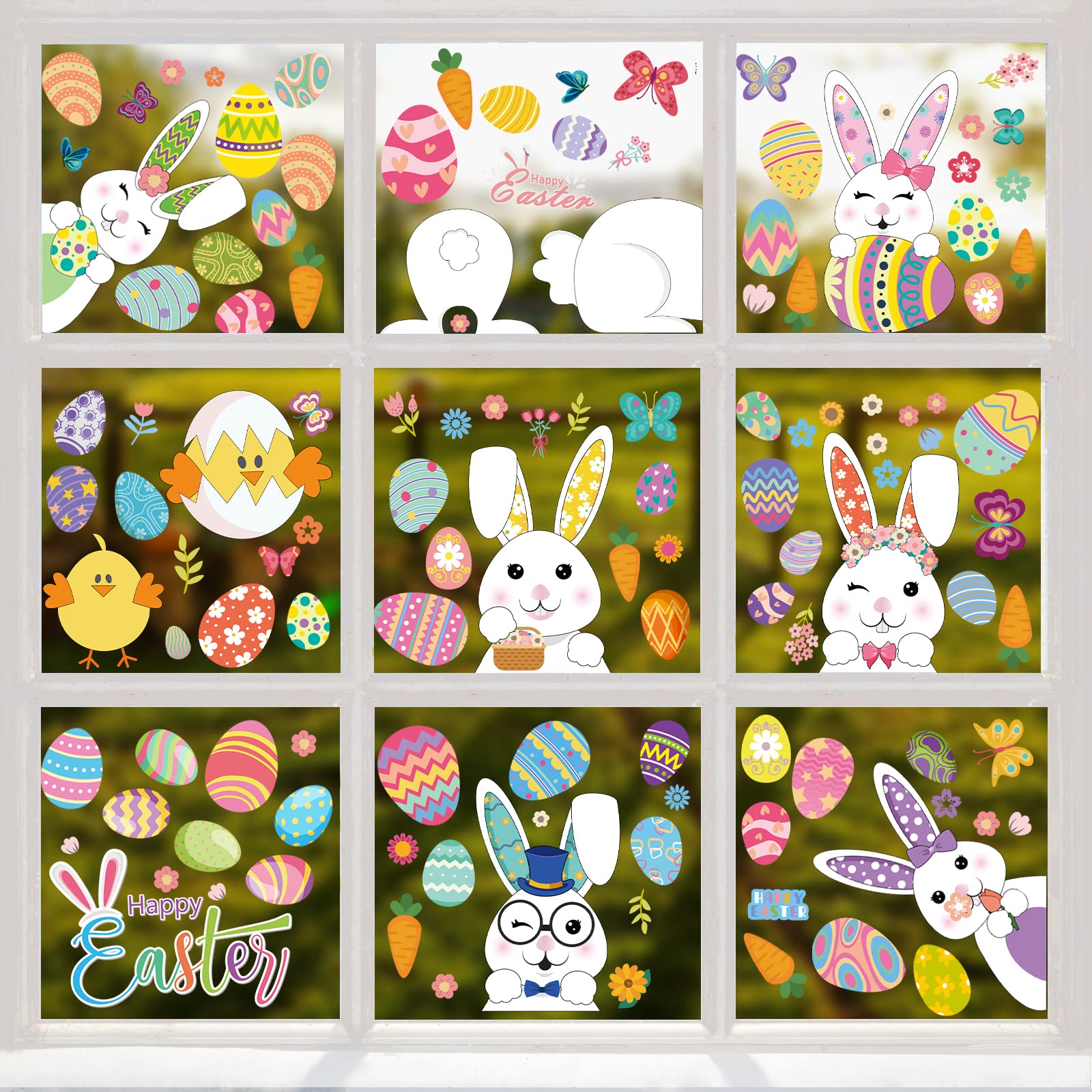 Hianjoo 130 PCS Easter Window Cling, 9 Sheets Easter Bunny Window Stickers PVC Static Stickers with Rabbit, Eggs, Carrot, Egg Basket, Flower Wreath, Flower, Butterfly for Easter Decoration